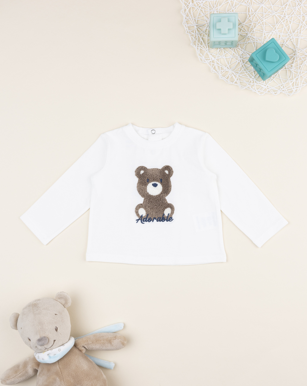 T-shirt bimbo bianca stampata patch orso