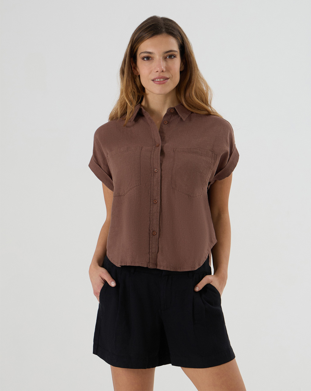 Camicia premaman mix lino marrone