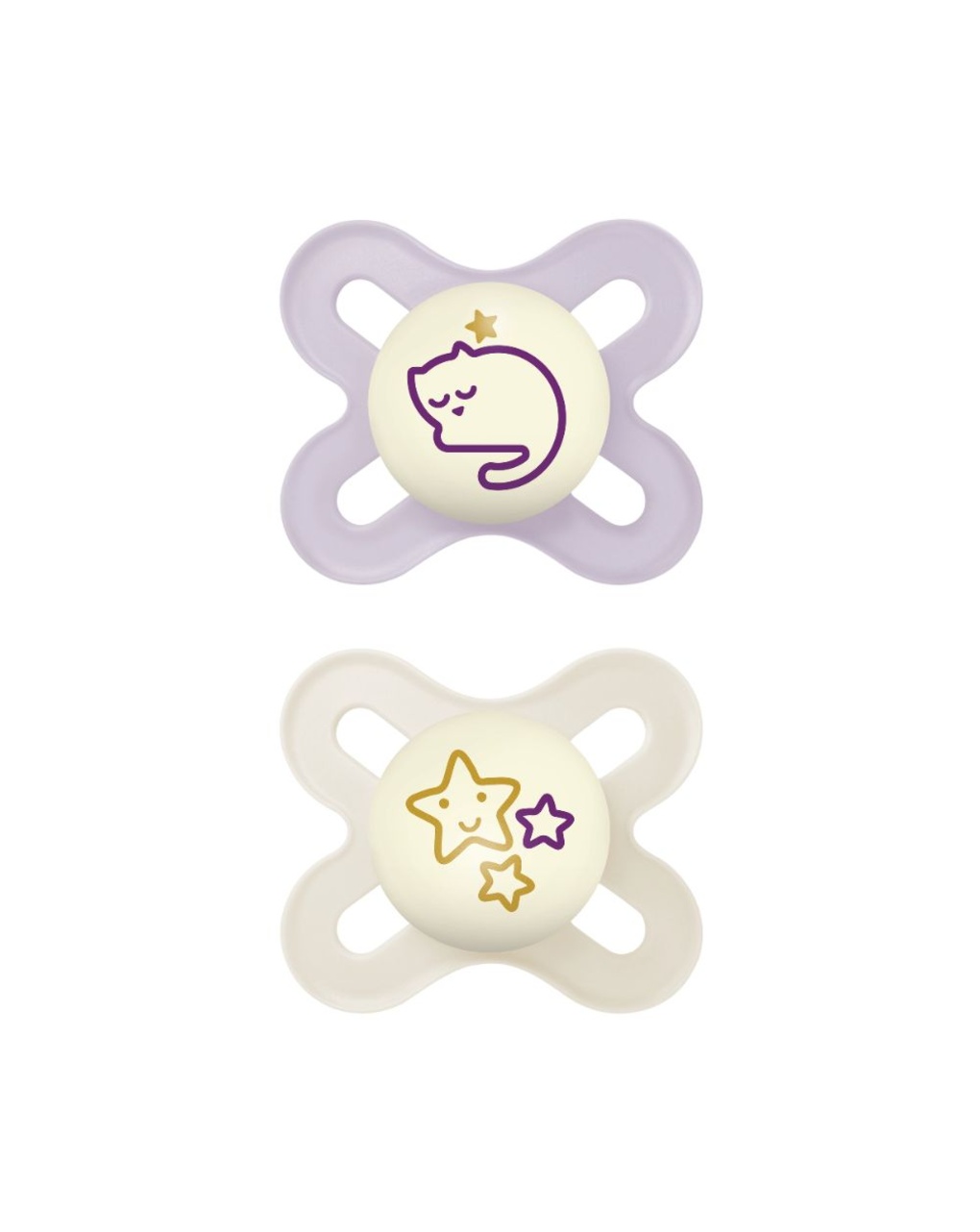 Succhietto original start night 0-2 mesi set da 2 silicone e porta ciuccio sterilizzatore, lilla - mam