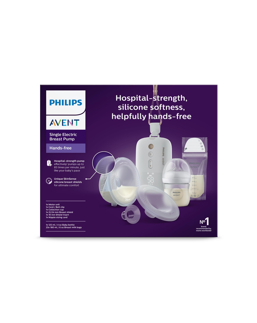 Set tiralatte elettrico indossabile singolo hands free  + biberon natural response 125ml + sacchetti conserva latte - philips avent