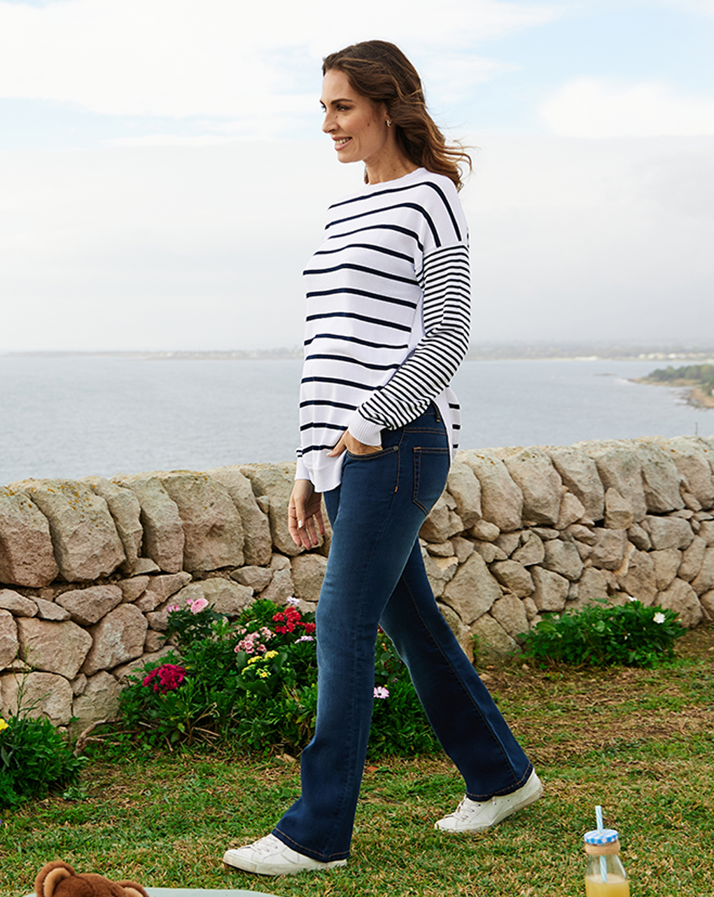 Pantalone premaman in denim stretch con fascia alta in vita