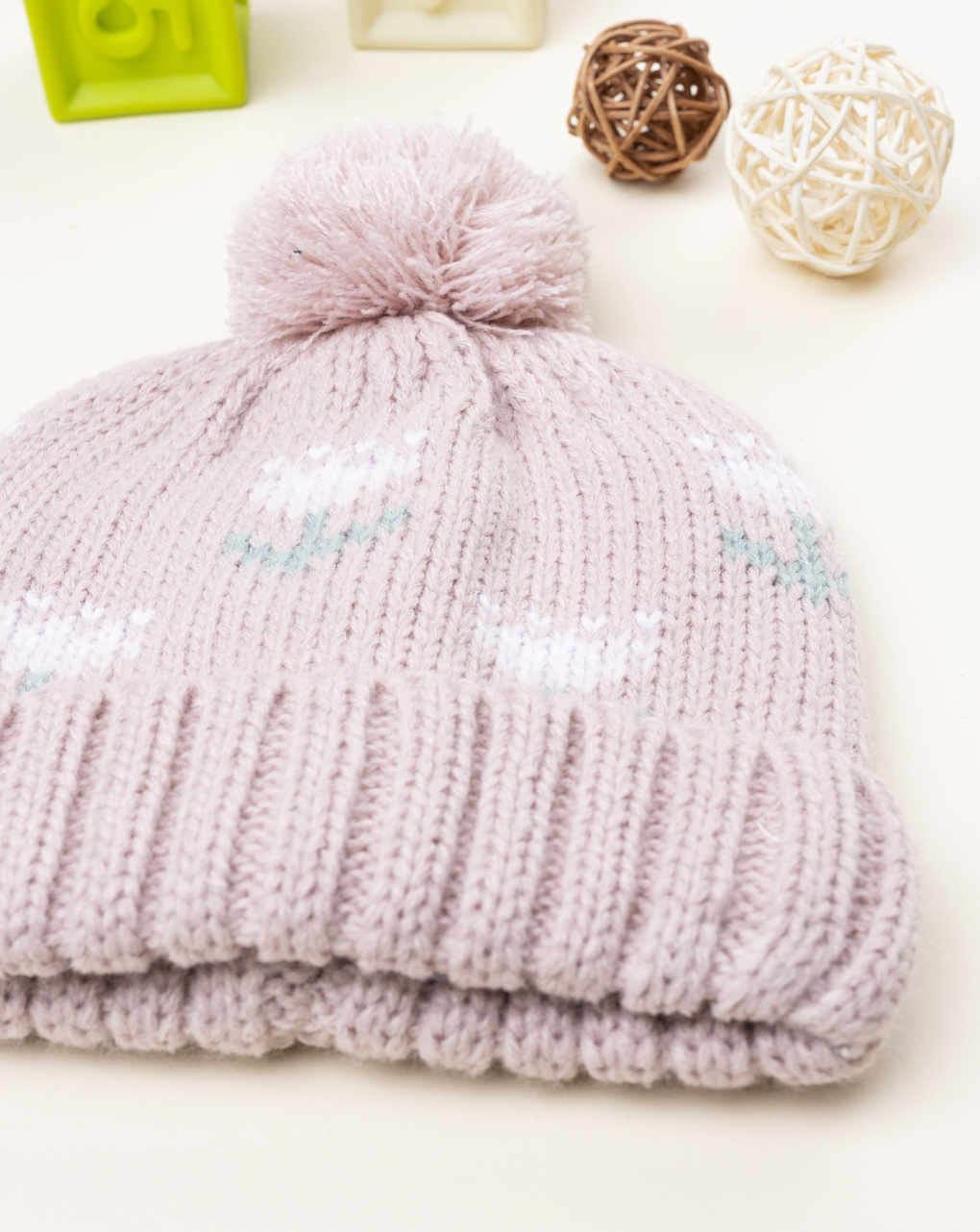 Berretto ponpon  bimba rosa con ricami