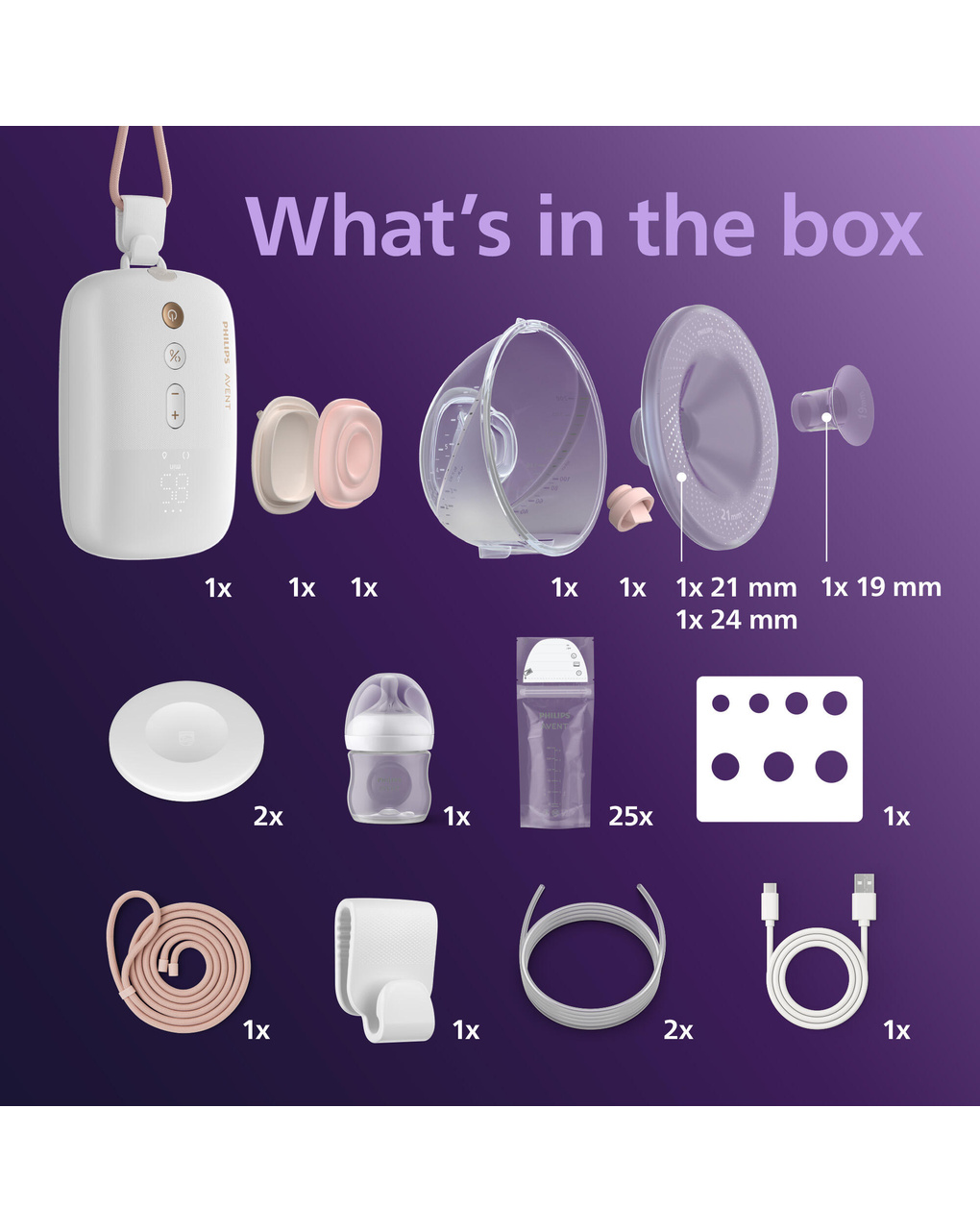 Set tiralatte elettrico indossabile singolo hands free  + biberon natural response 125ml + sacchetti conserva latte - philips avent