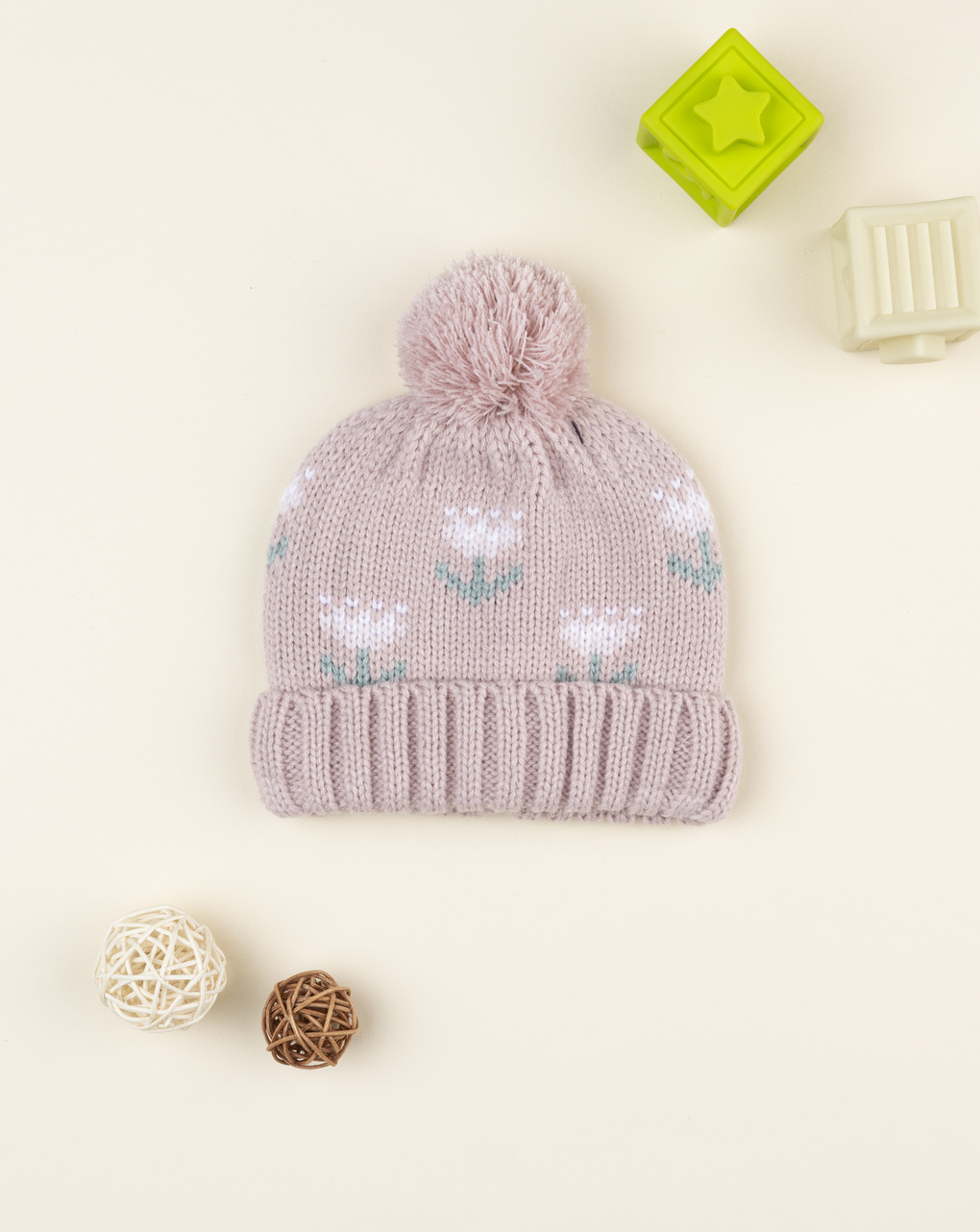 Berretto ponpon  bimba rosa con ricami