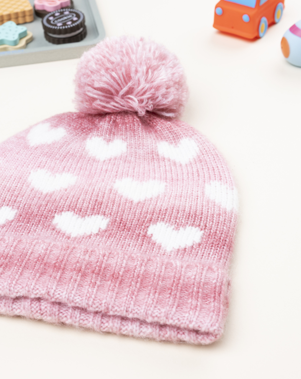 Berretto tricot bambina rosa cuori