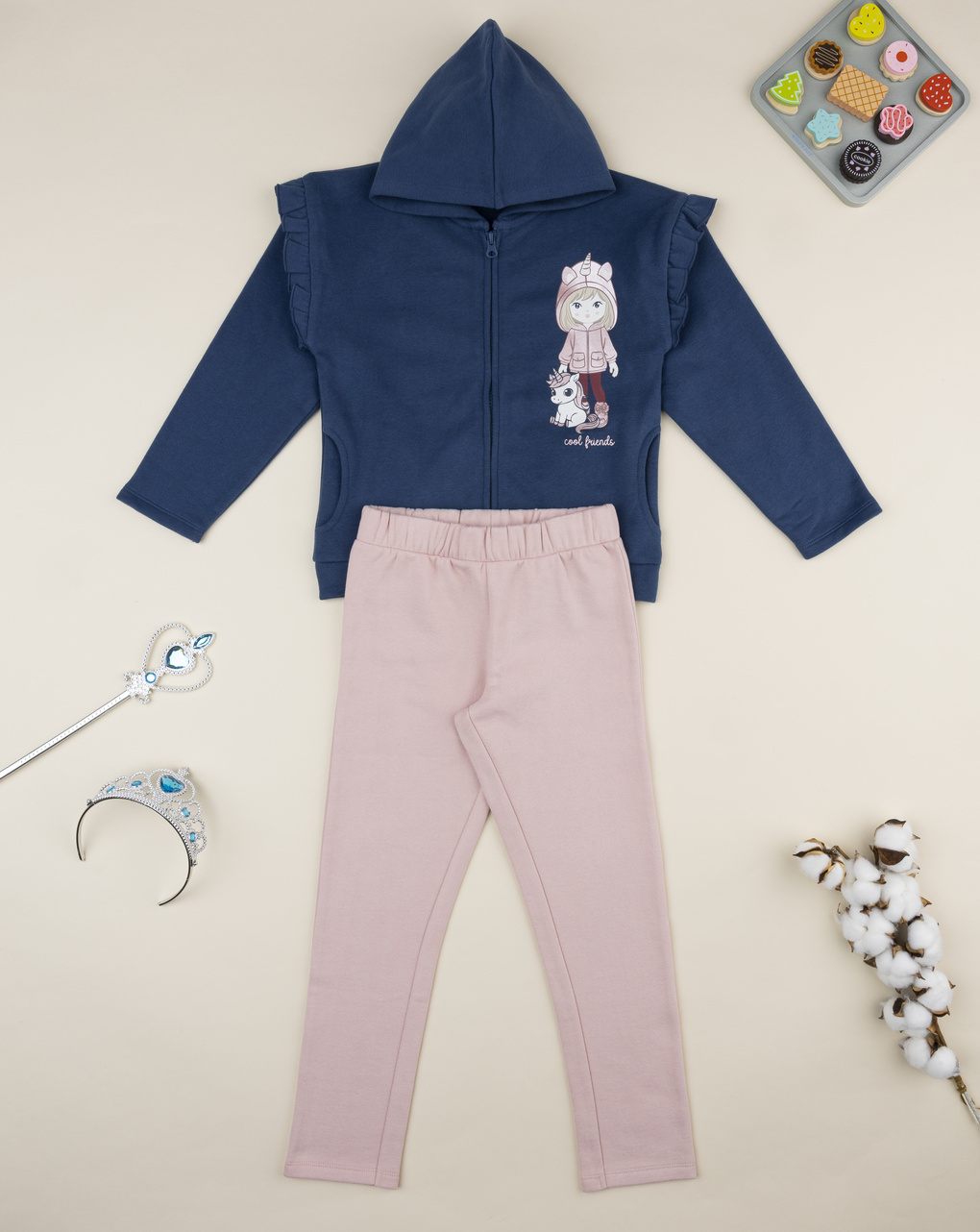 Completo jogging  felpato bambina blu/rosa