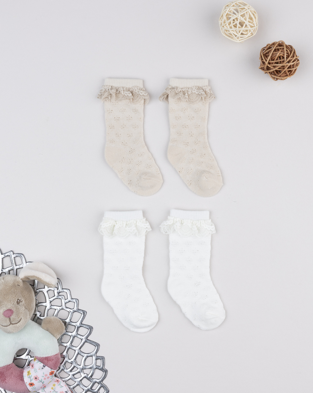 Calze bimba beige/bianco con pizzo