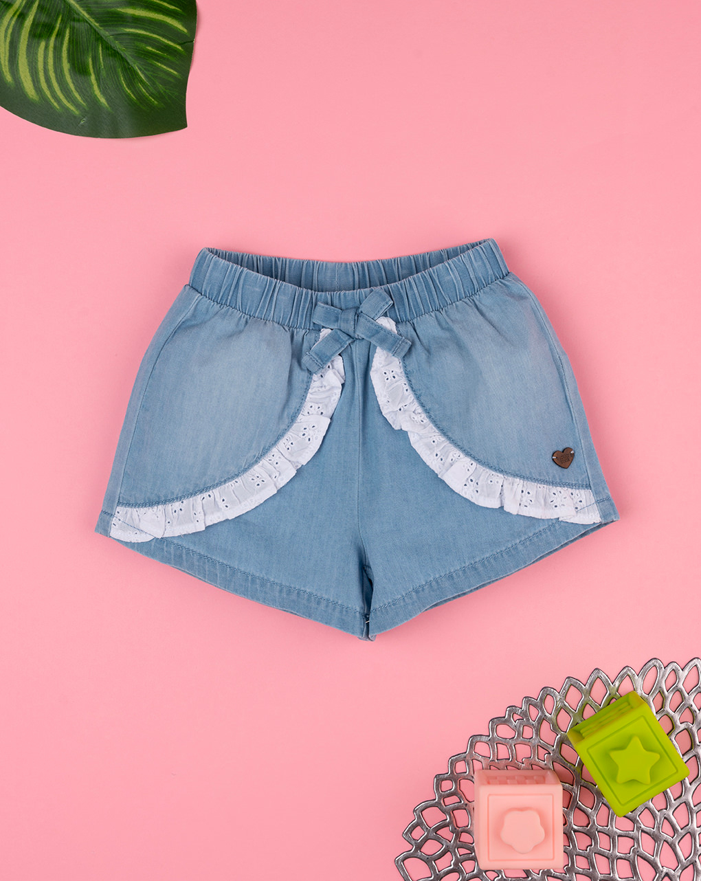 Shorts bimba denim con frill sangallo