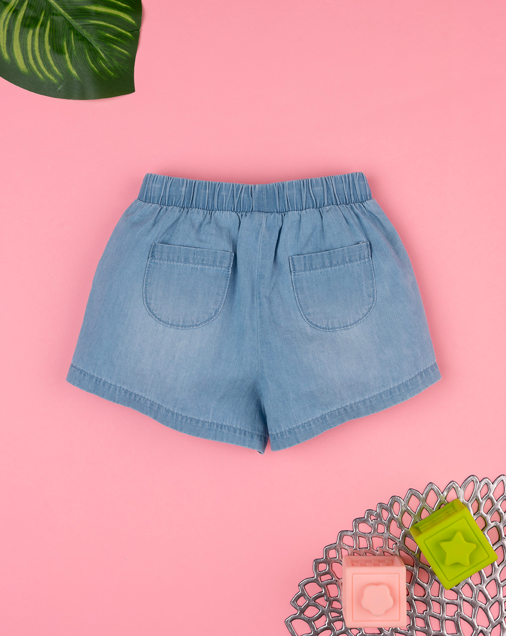 Shorts bimba denim con frill sangallo