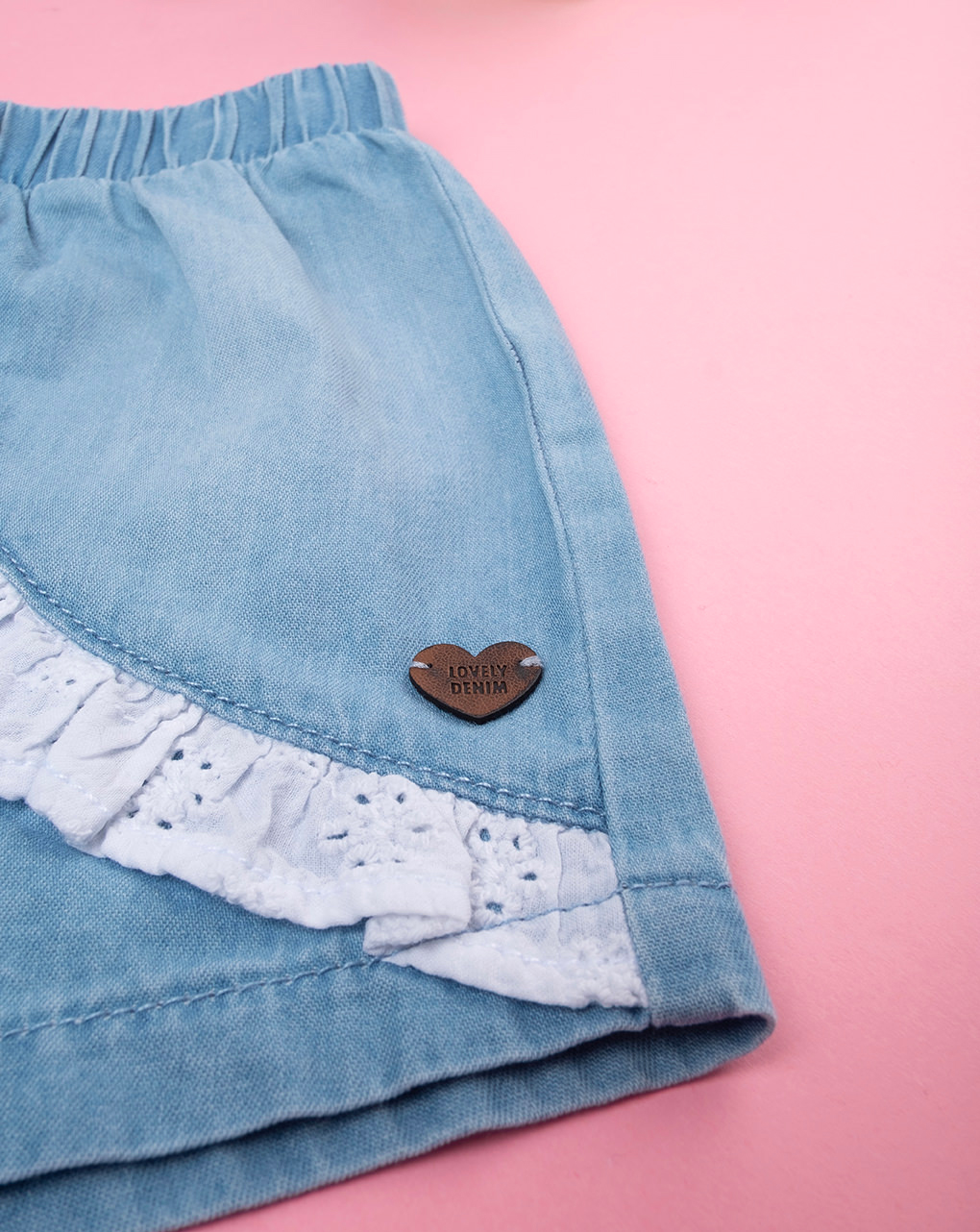 Shorts bimba denim con frill sangallo