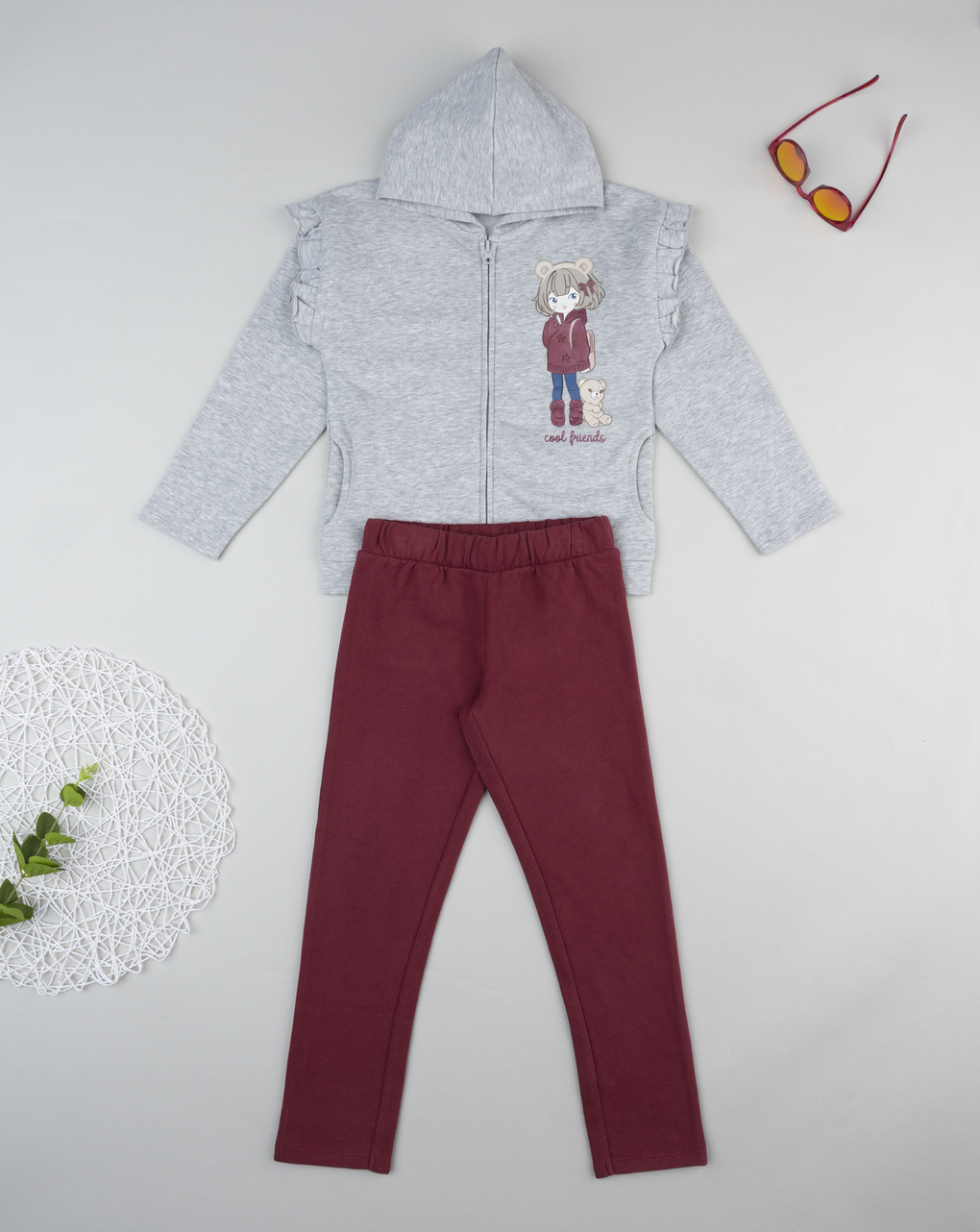 Completo jogging felpato bimba grigio/bordeaux