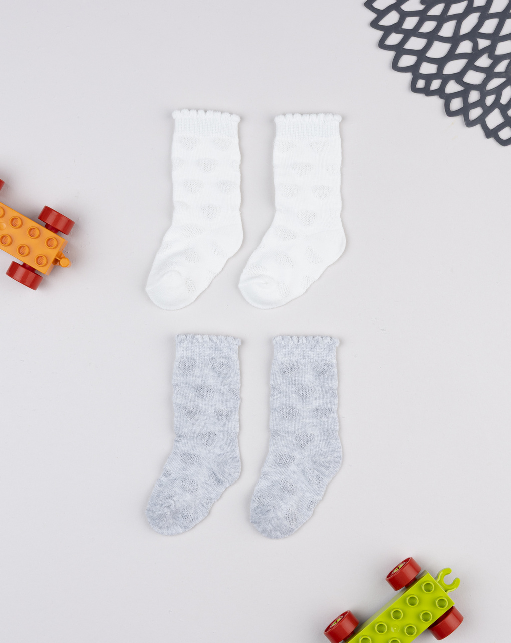 Pack 2 calze bimbo grigio/bianco ricami cuori
