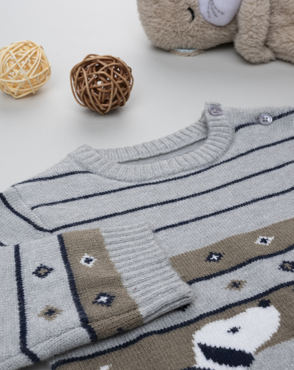 Maglia tricot bimbo grigio/marrone ricami