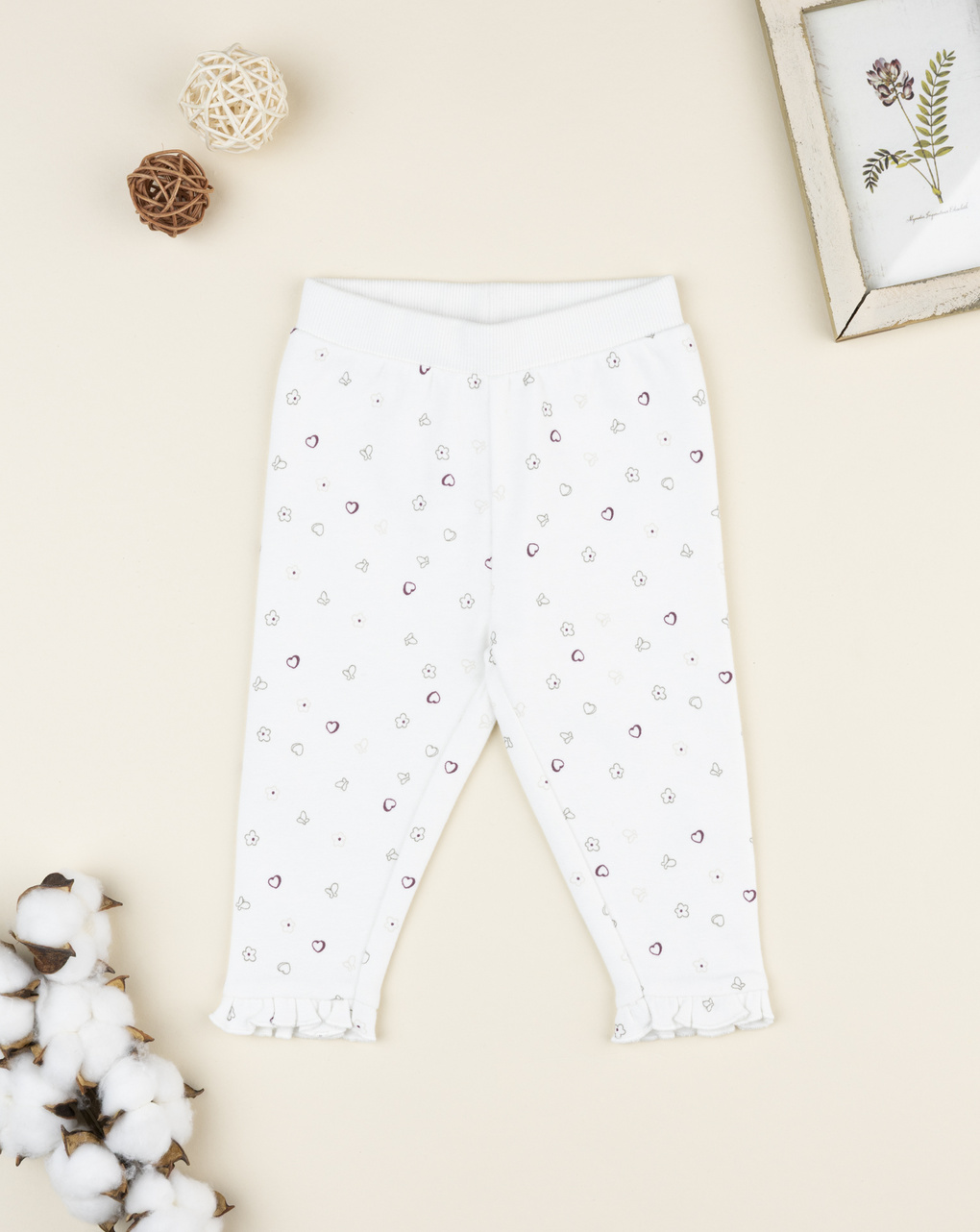 Pantalone neonata bianco cuori allover