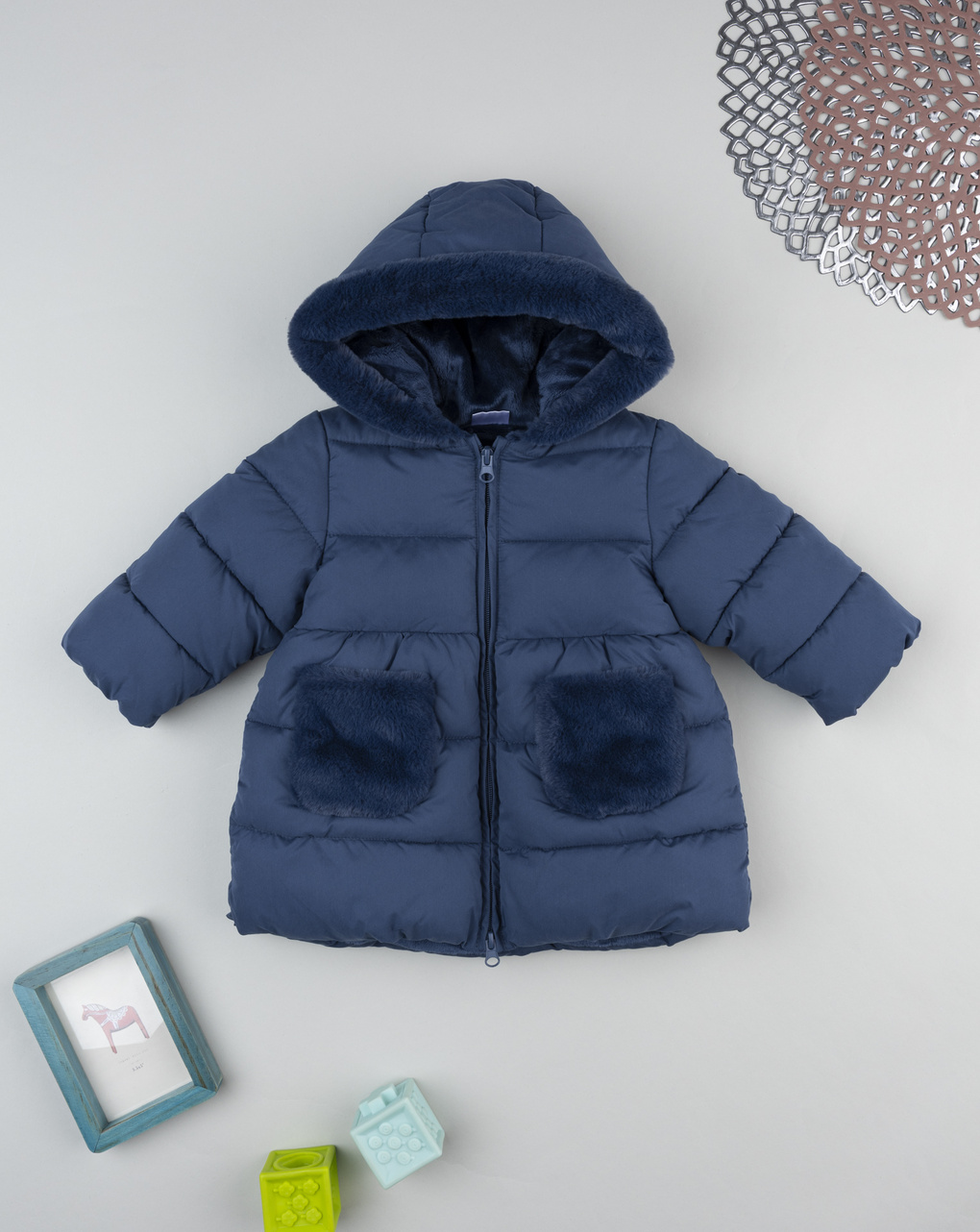 Cappotto bimba blu con fake fur