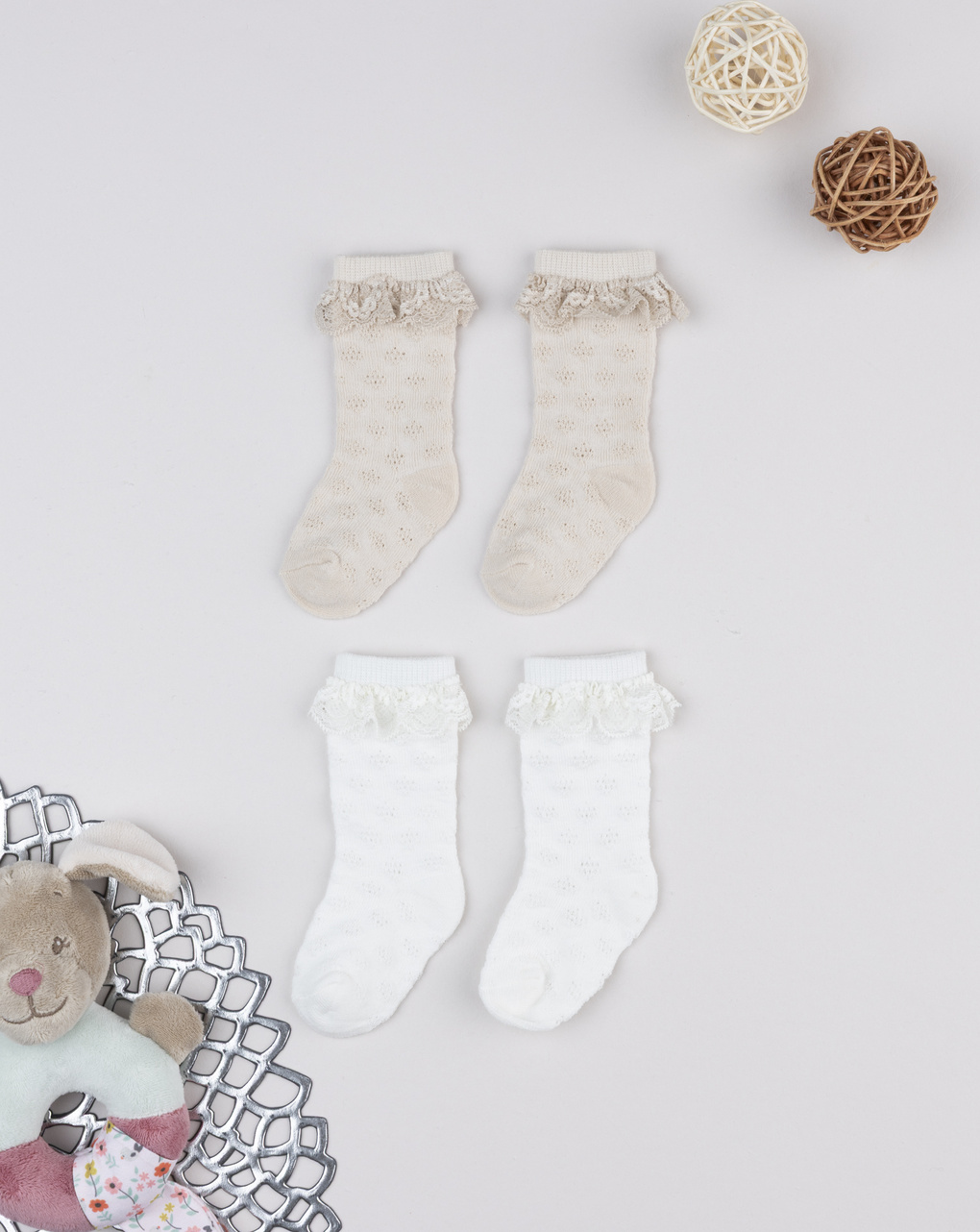 Calze bimba beige/bianco con pizzo
