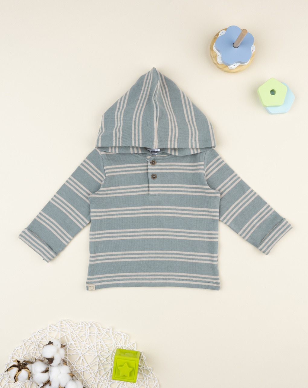 Maglia bimbo rigata verde/beige con cappuccio