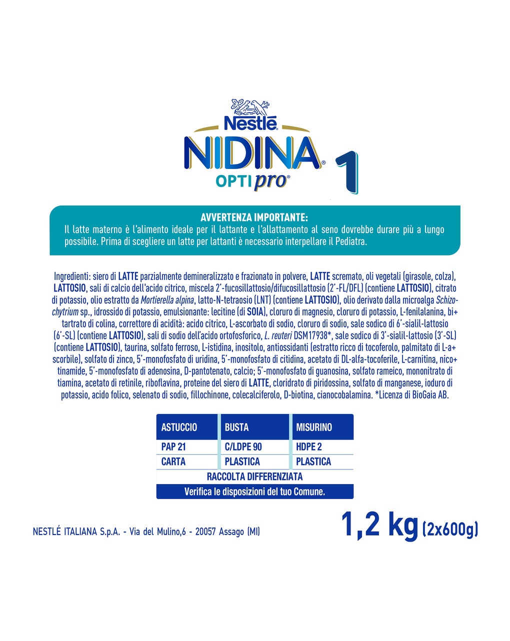 Nidina optipro 1 dalla nascita latte in polvere - 1.2 kg (2x600g) -nestlé