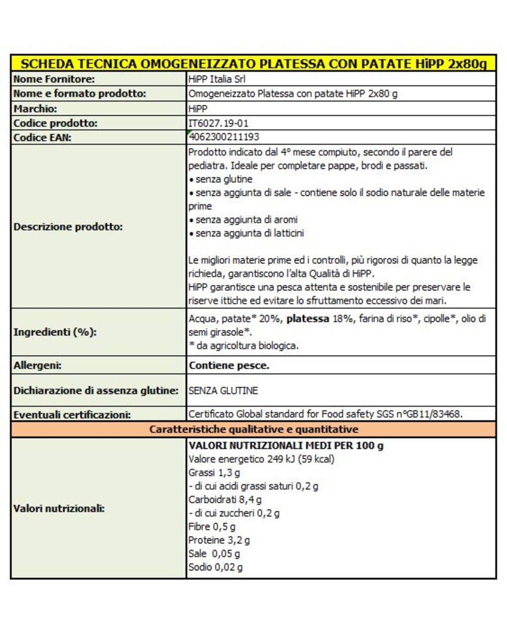 Omogeneizzato platessa con patate 2x80g - hipp