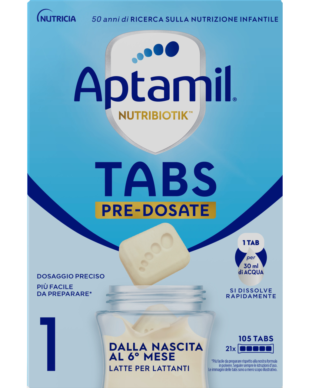 Nutribiotik tabs 1 pre-dosate - latte per lattanti in tabs 0-6 mesi - 21 bustine (105 tabs) - aptamil