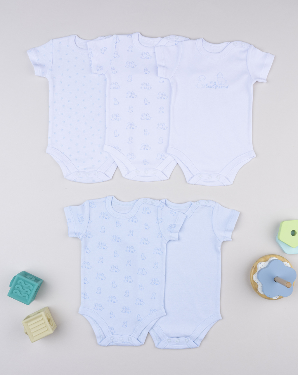 Pack 5 body girocollo bianco/azzurro