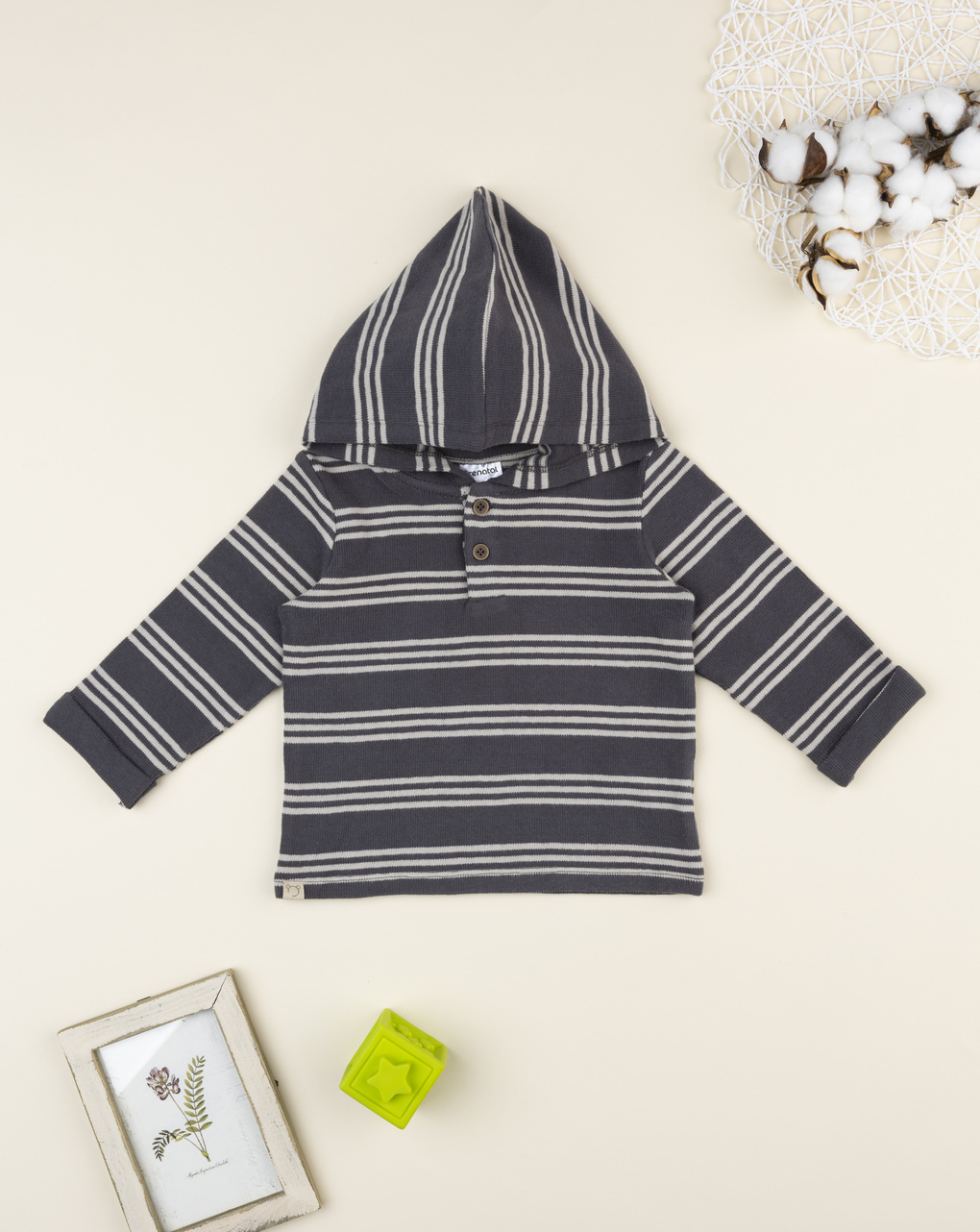 Maglia bimbo rigata grigio/beige con cappuccio