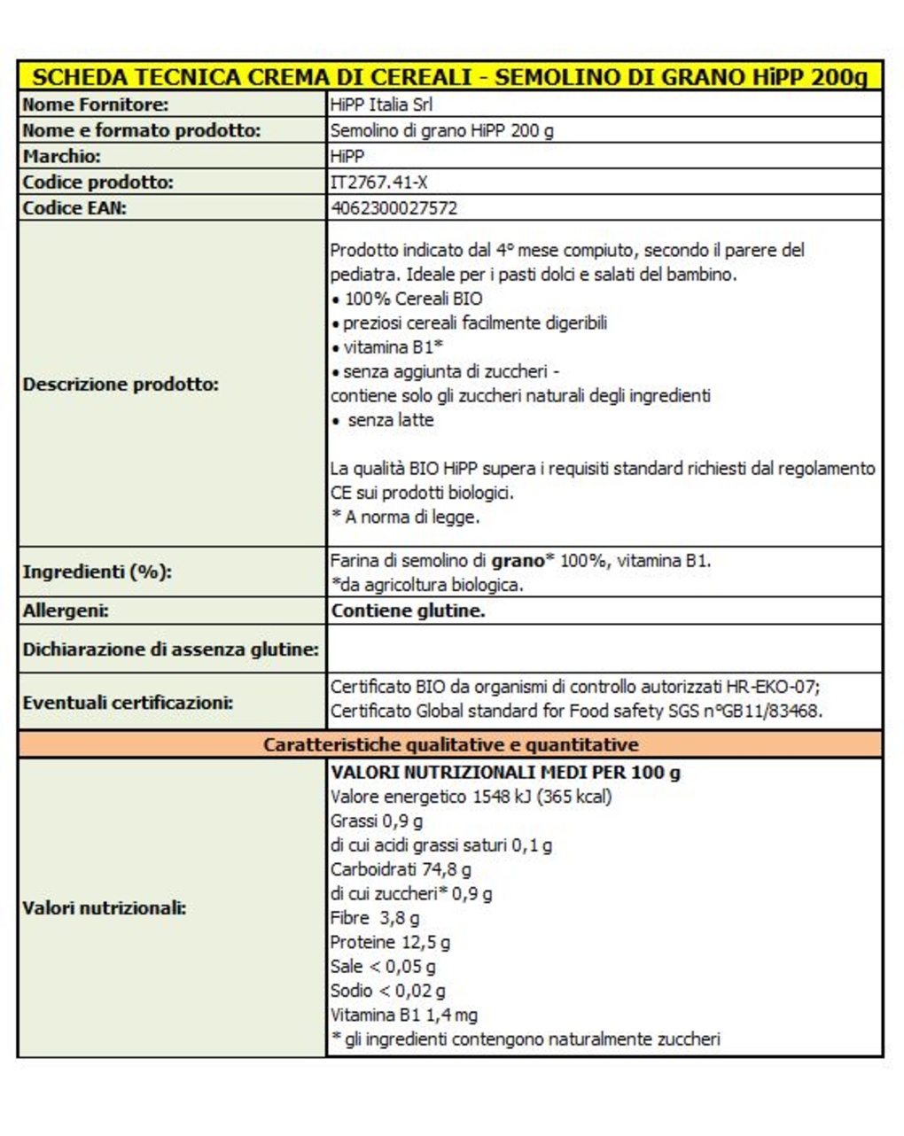 Crema biologico semolino di grano – 200 gr - hipp
