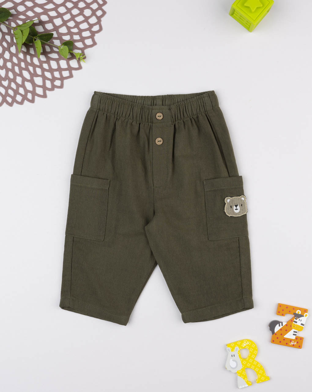 Pantalone bimbo verde patch orso