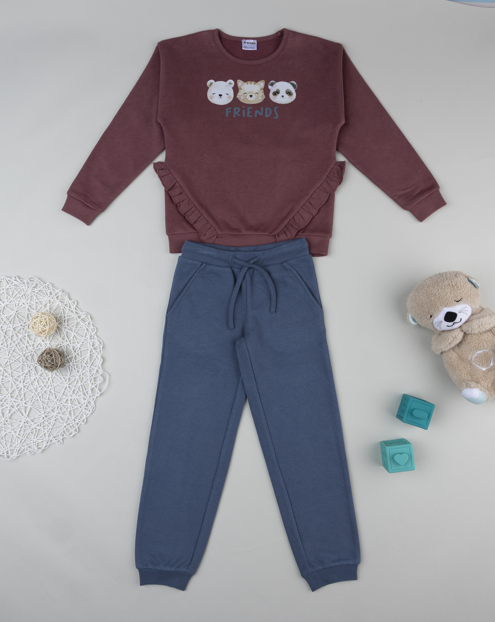 Jogger bambina bordeaux/blu con stampa