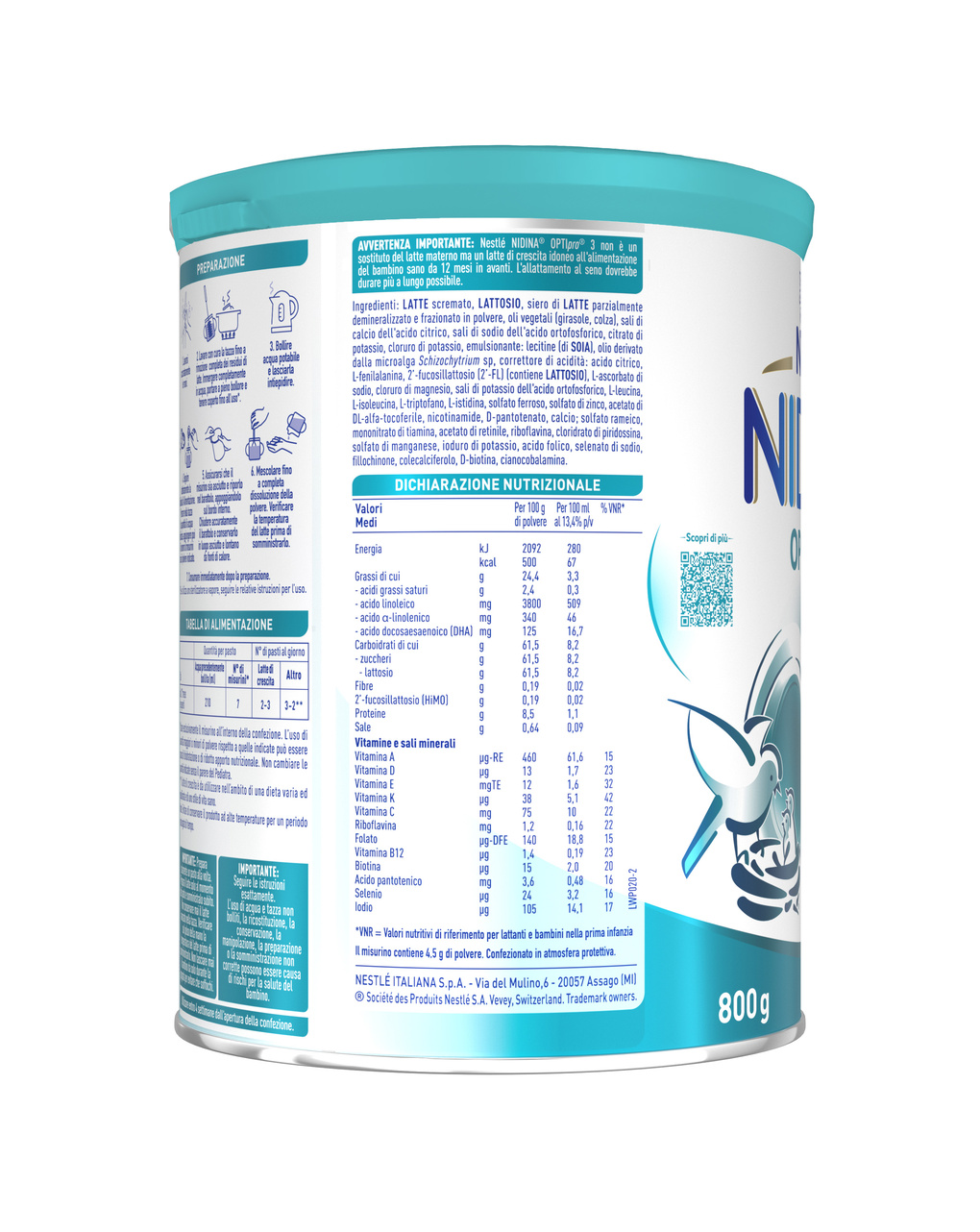 Latte di crescita in polvere nidina optipro 3 dai 12 mesi. latta 800 gr - nestlé