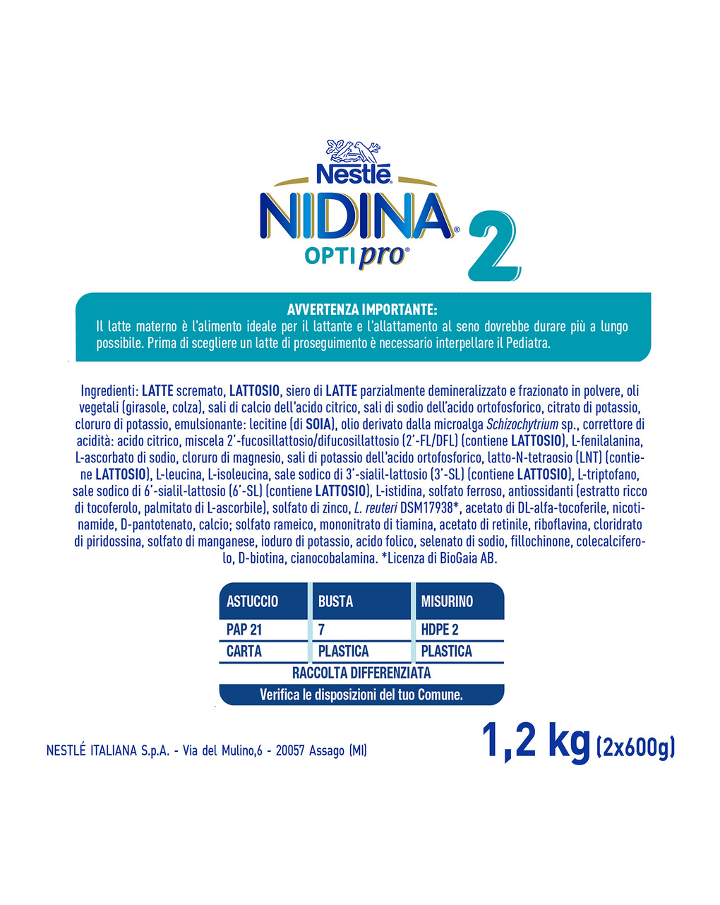 Nidina optipro 2 da 6 mesi, latte di proseguimento in polvere, 1,2 kg (2x600g) - nestlé
