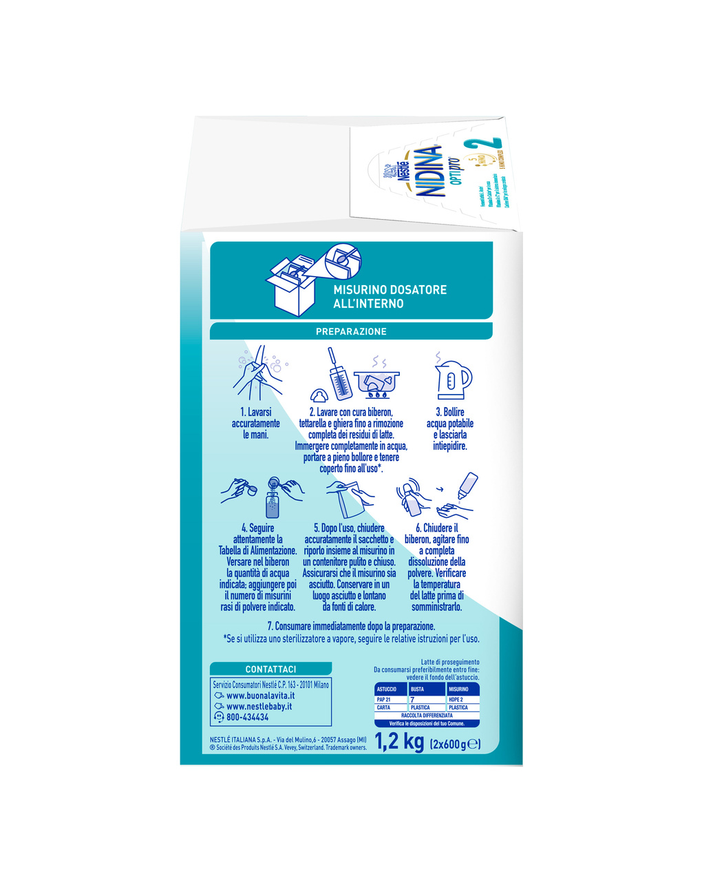 Nidina optipro 2 da 6 mesi, latte di proseguimento in polvere, 1,2 kg (2x600g) - nestlé