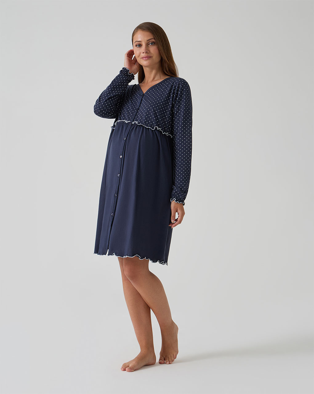 Camicia da notte premaman blu scuro con rouches e pois