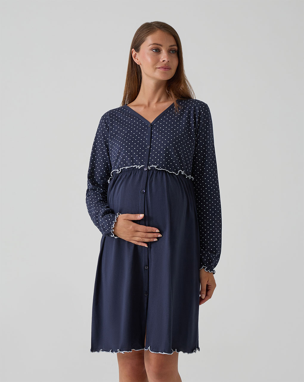 Camicia da notte premaman blu scuro con rouches e pois