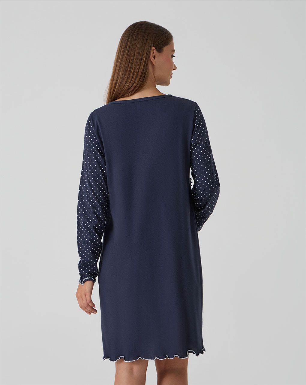 Camicia da notte premaman blu scuro con rouches e pois