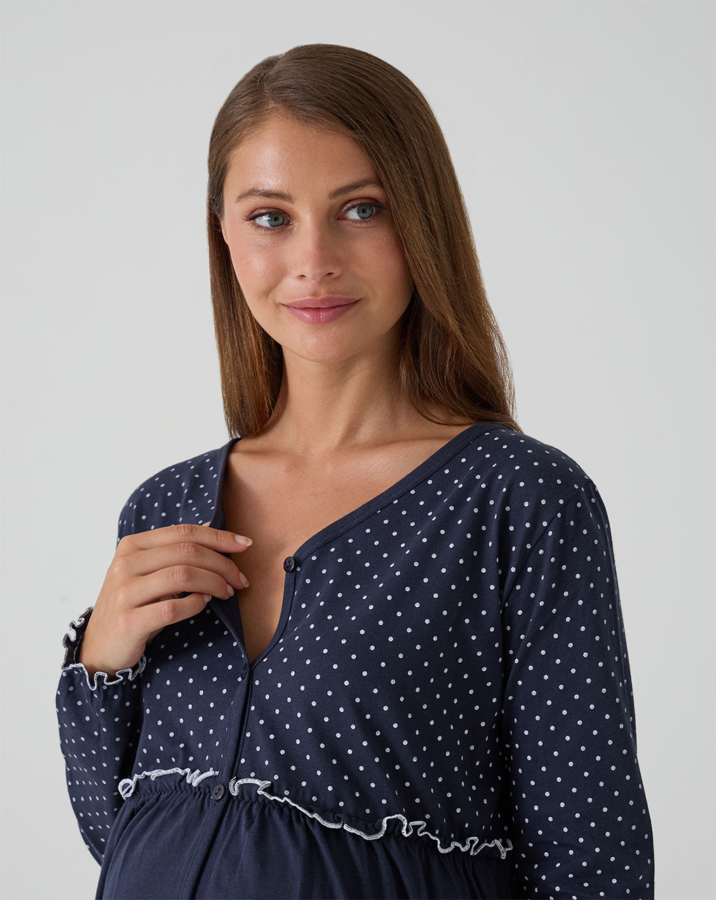 Camicia da notte premaman blu scuro con rouches e pois