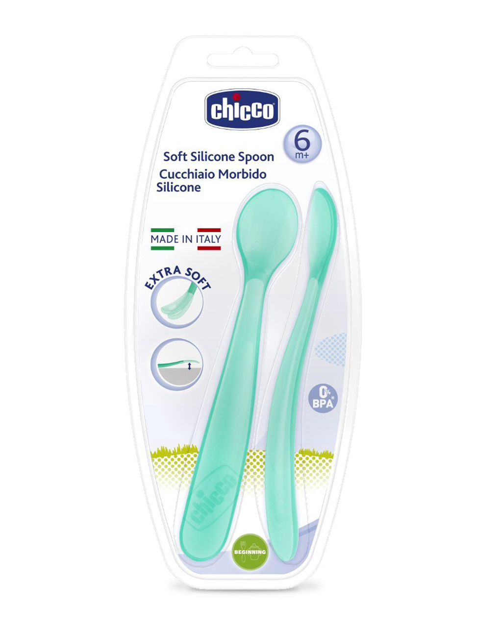 Cucchiaio morbido silicone 6m+ azzurro (2pz) - chicco