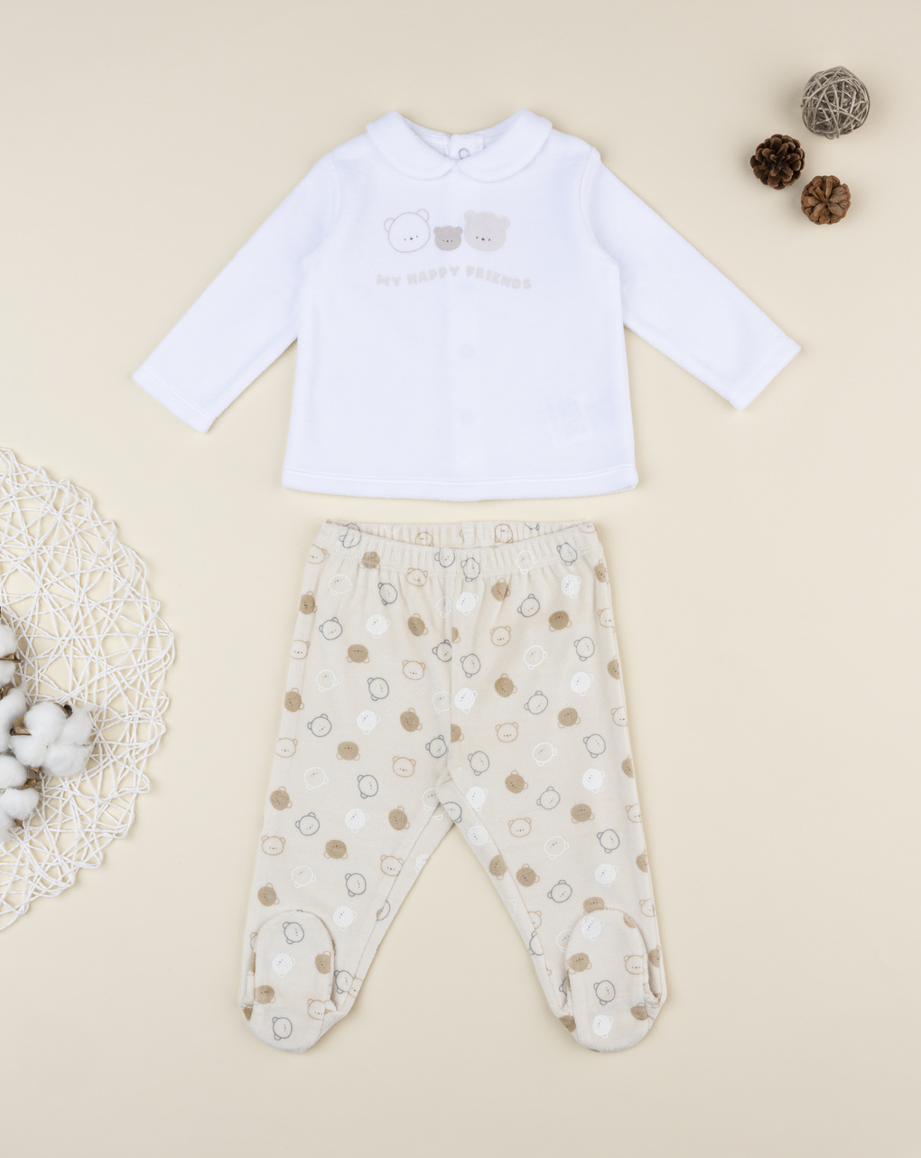 Completo due pezzi bimbo bianco/beige orsetti