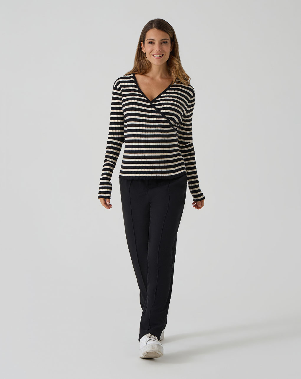 Maglia allattamento tricot rigata nero/beige