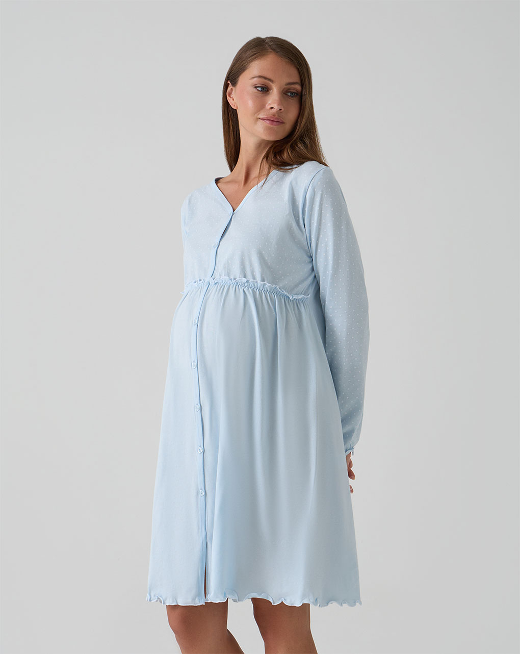 Camicia da notte premaman azzurra con rouches e pois