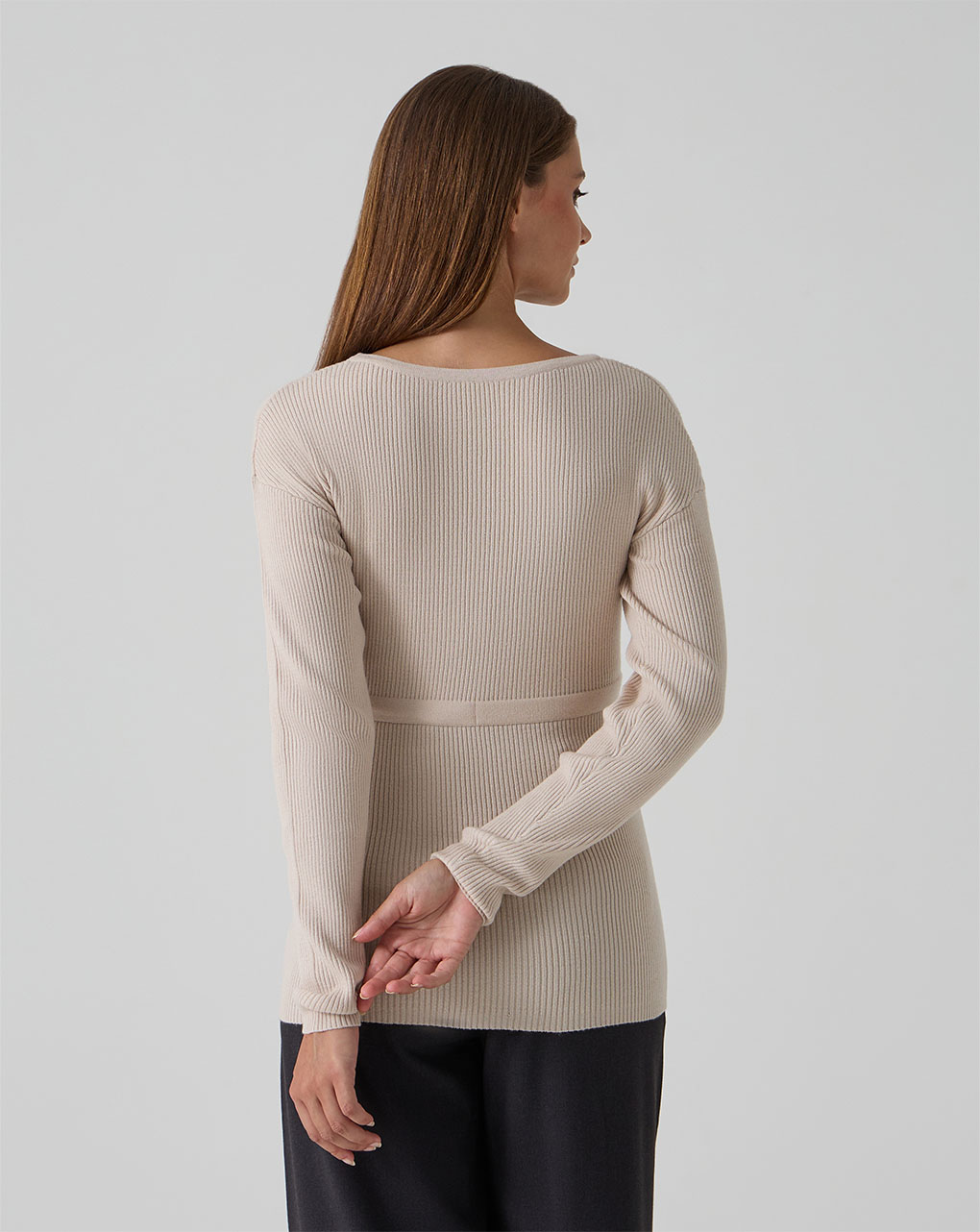 Maglia premaman beige a coste con coulisse