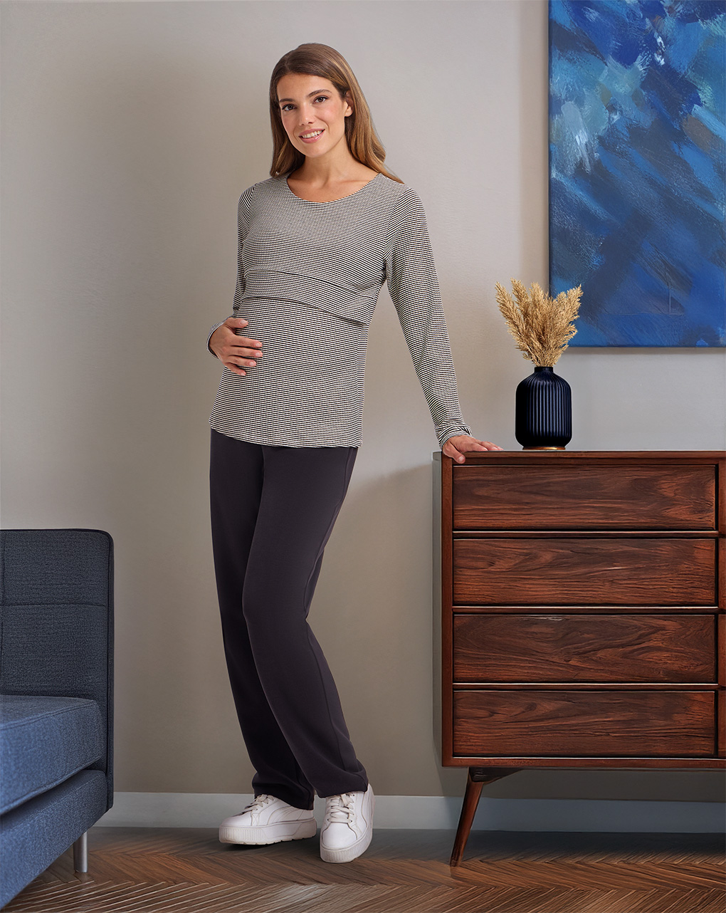 T-shirt allattamento maniche lunghe nero/beige