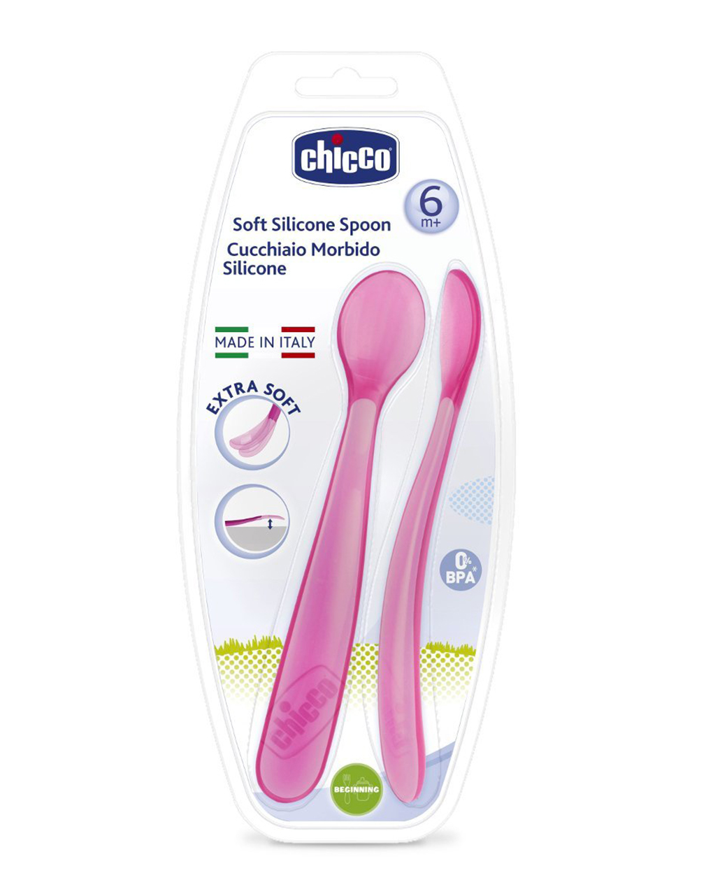 Cucchiaio morbido silicone 6m+ rosa (2pz) - chicco