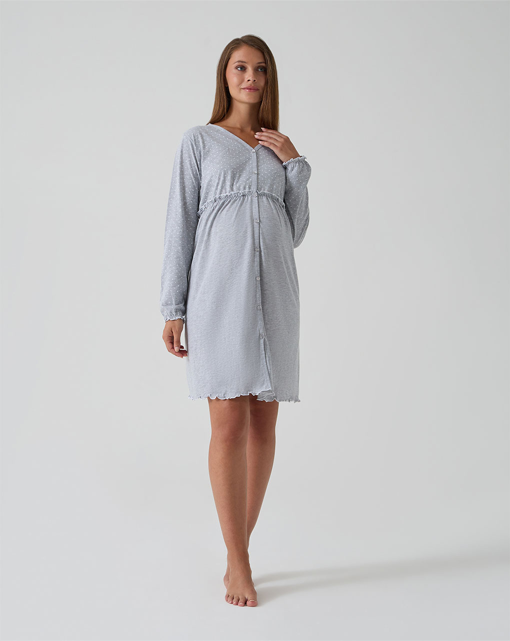 Camicia da notte premaman grigia con rouches e pois
