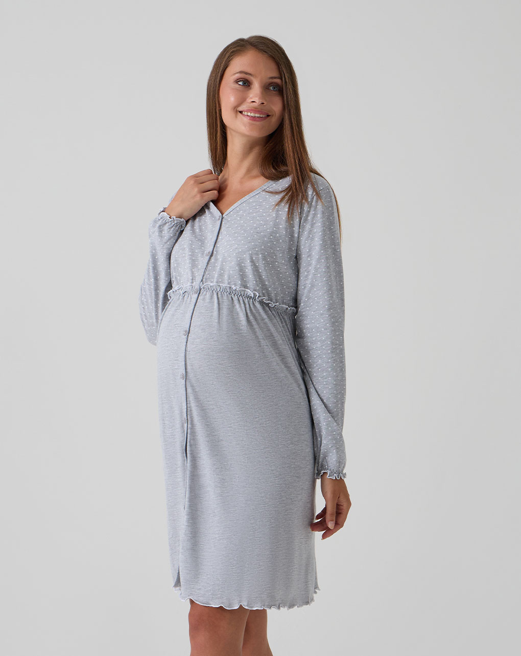 Camicia da notte premaman grigia con rouches e pois