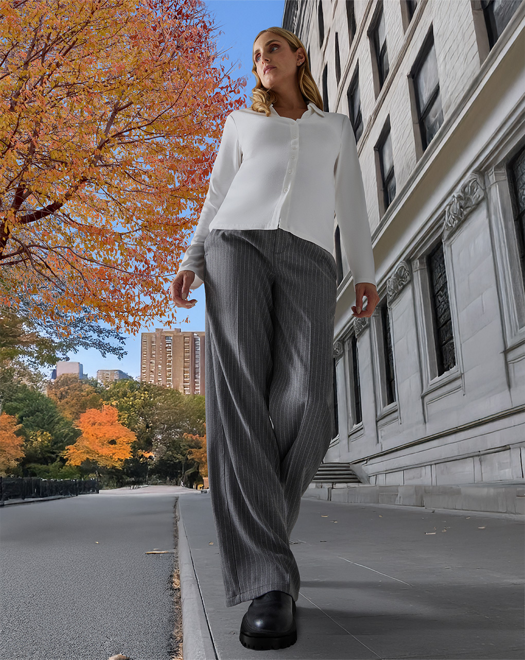 Pantalone premaman gamba larga gessato grigio