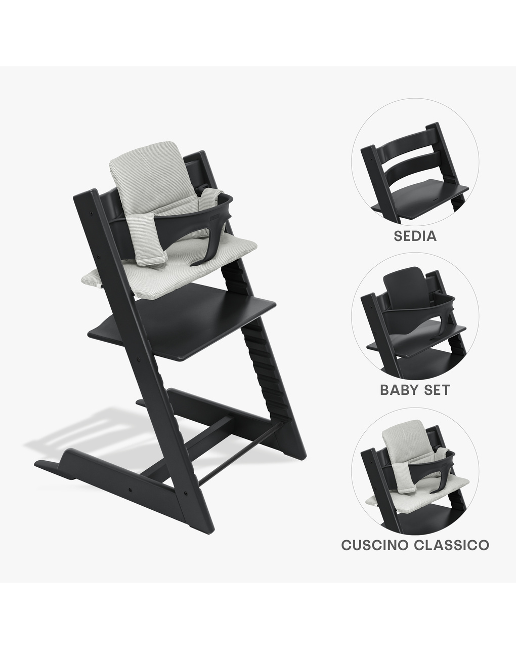 Bundle seggiolone tripp trapp® black sedia + babyset + cuscino tripp trapp® weath cream – personalizzabile – stokke®