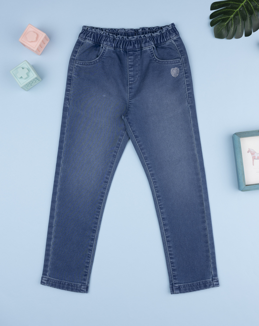 Pantalone denim bimba cuore strass
