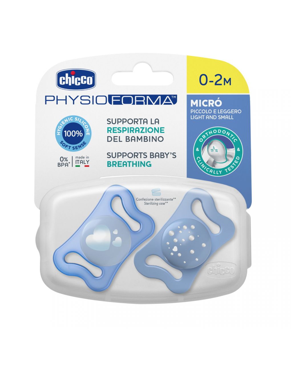 Succhietto physioforma micrò blue silicone 0-2 mesi 2 pezzi - chicco