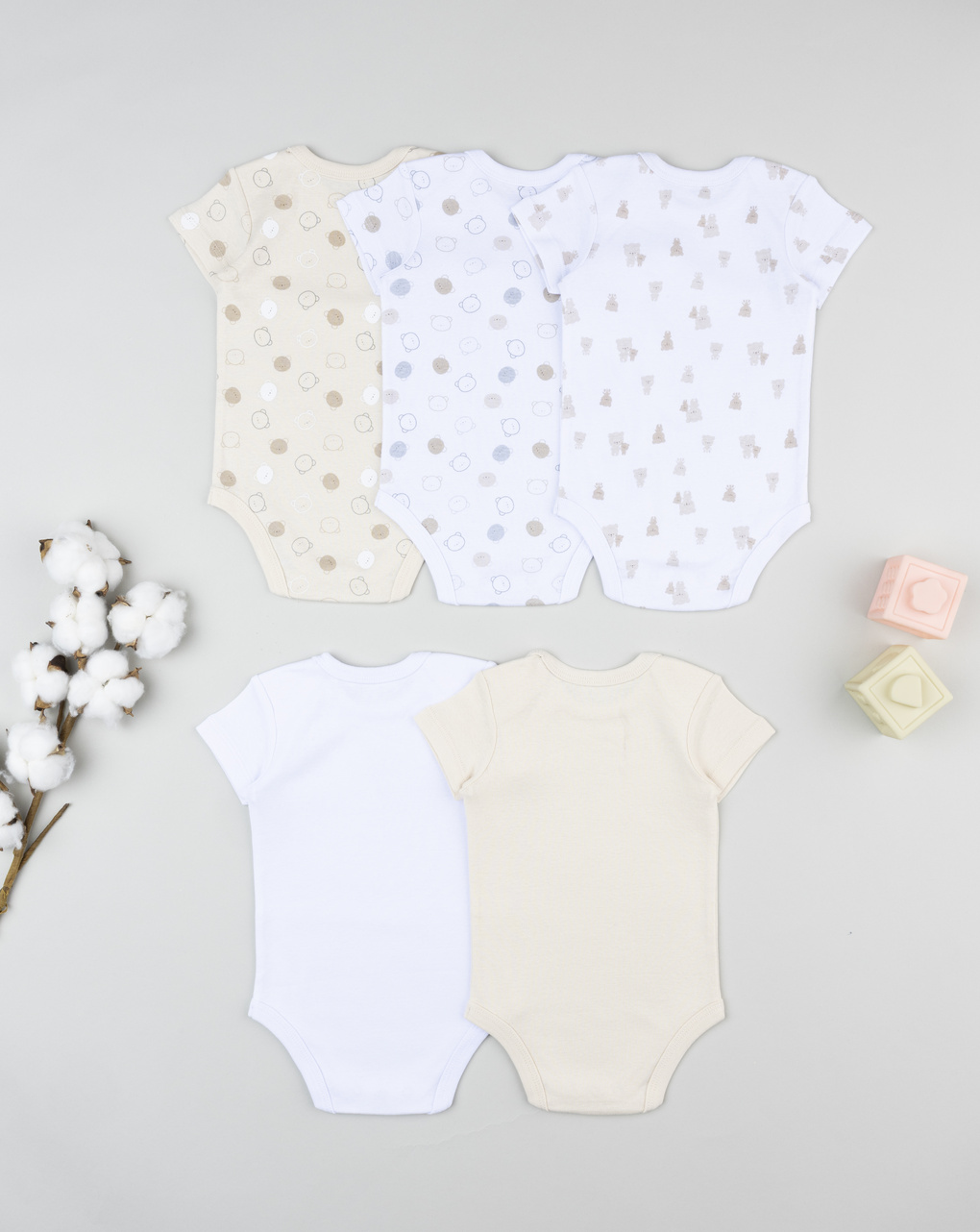 Pack 5 body neonato orsetto bianco/beige